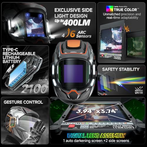 Image of ANDELI Welding Helmet - 180 Panoramic 6 Arc Sensor True Color Auto Darkening Welding Helmet with Light and Motion Sensing, 2100mAh Rechargeable Battery for TIG /MIG /Cut /Grind Moner LED