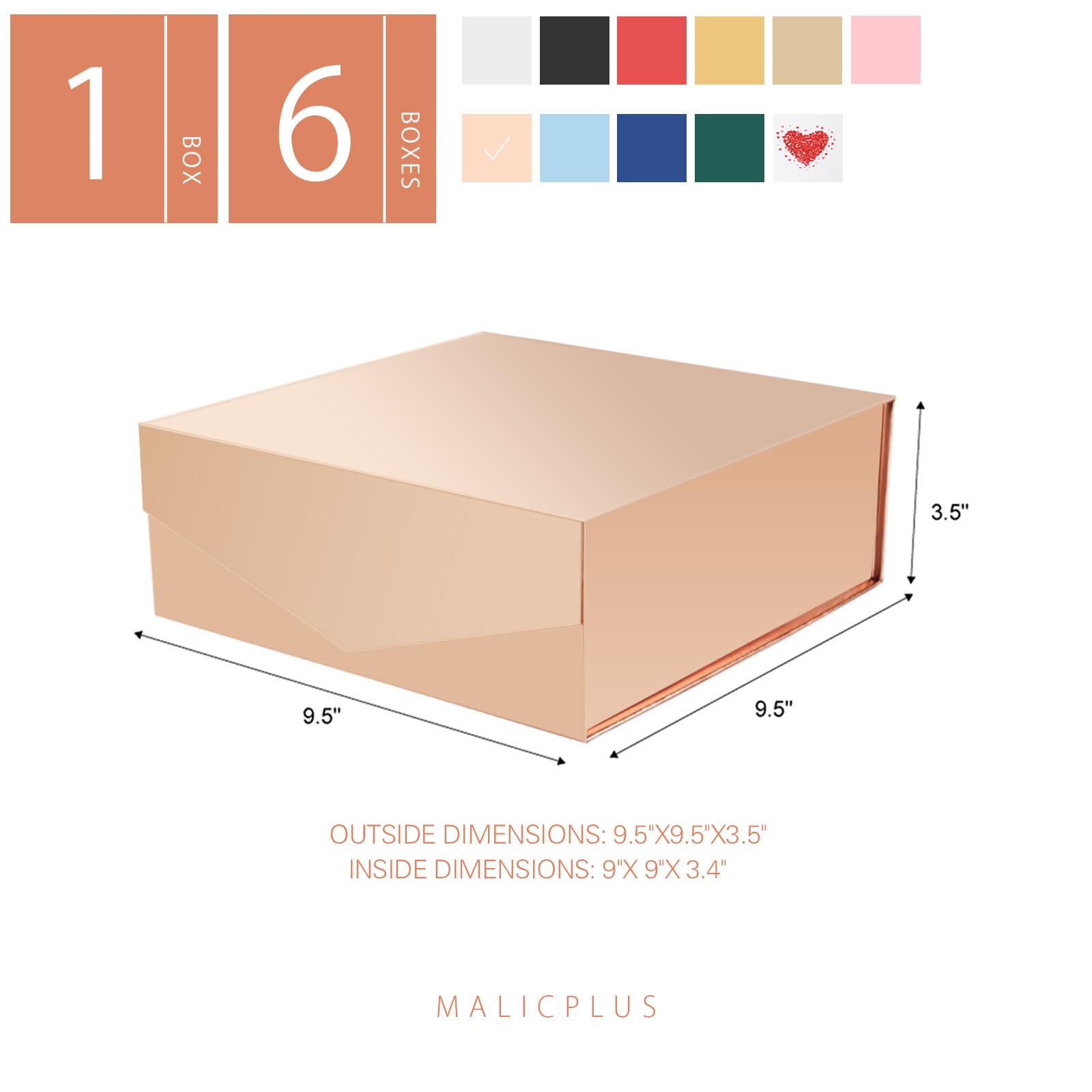 MALICPLUS 6 Geschenkboxen mit Deckel, 22,9 x 22,9 x 8,6 cm, rotgoldene Brautjungfer-Antragsboxen mit Magnetverschluss für alle Anlässe (glänzendes Roségold)