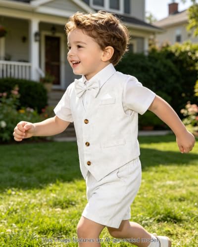 Image of SANGTREE Baby Boy Suit Wedding Ring Bearer Outfits Vest Short Sleeve Bowtie Shirt Suspender Summer Gentleman Shorts Sets