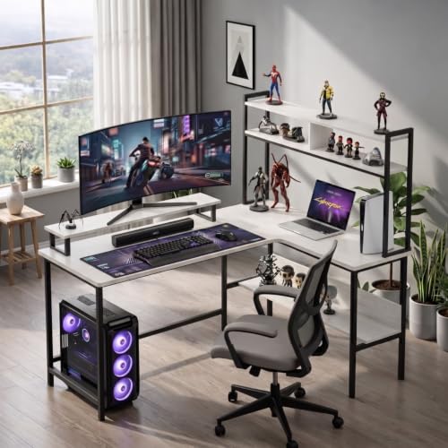 Image of TEKAVO Tonny L Shape Table for Home Office, Computer Table for Home Pc, L Shaped Office Table, Gaming Work Desk | with Book Shelf + Monitor Riser, White Wood, Metal (124 x 48 x 75 Cm) | DIY