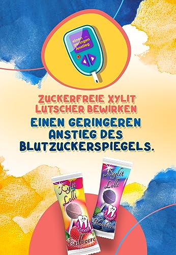 Xylit Birkenzucker Lolli MIX | 50 Stk x 6g | Keine Chance für Karies: zuckerfreier & veganer Zahnpflege Lollipop | Mix Erdbeere & Blaubeere