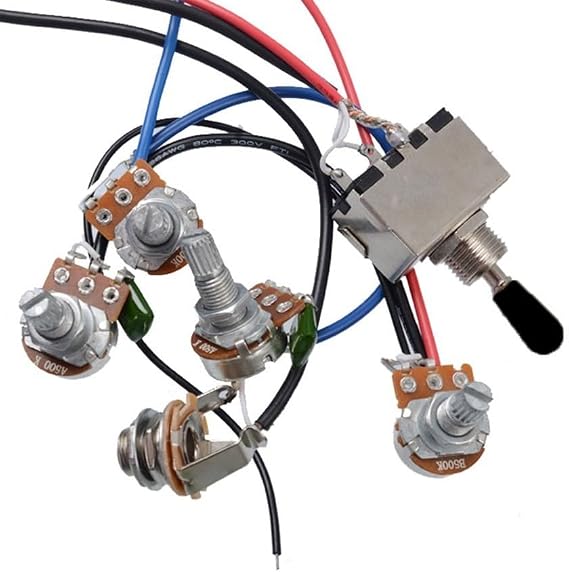 Prewired Guitar Wiring Harness for LP, Epiphone-Style Electric Guitars — 2 Volume + 2 Tone 500K Pots, 3-Way Switch, Input Jack, Metal-Plastic