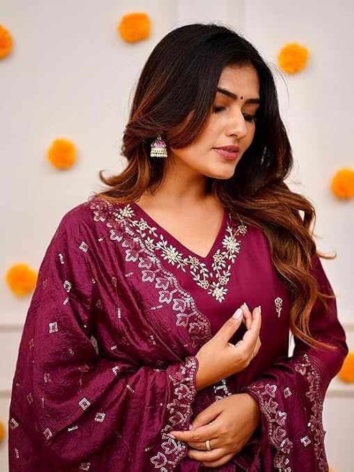 Women's Embroidery Art Silk Straight Kurta Set with Dupatta