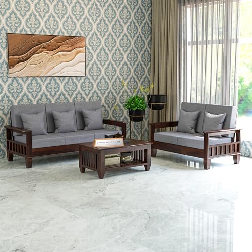 Image of Sheesham Wooden 5 Seater Sofa Set for Living Room | Solid Wood 3+2 Seater Cushion Sofa Sets with Newspaper Holder for Home & Office | Wooden Furniture Sofa for Lounge Walnut Finish
