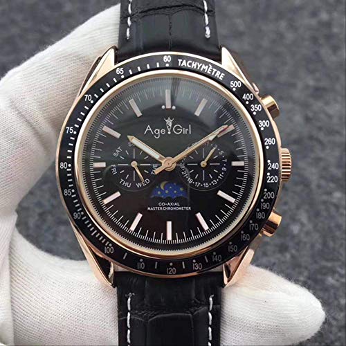 Preisvergleich Produktbild Klassische Armbanduhr Herren Automatische mechanische Monduhr Roségold Stahl Geschwindigkeit Schwarz Blau Leder Leinwand Mondphase Keramikuhren 7