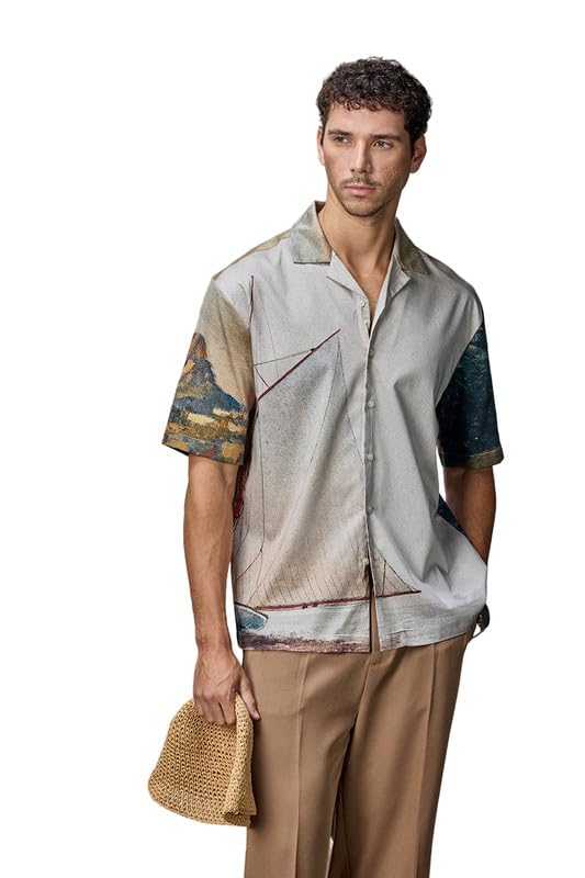 Image of SNITCH Men Yacht Club Luxe Casual Shirt | Regular Fit Half Sleeve Cuban Collar Graphic Print Design | Cotton Lyocell Blend & Breathable Fabric for Resort Wear & Summer Outings