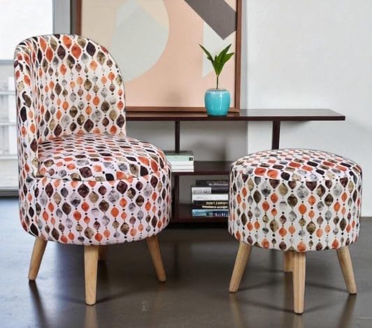 Image of Ottoman for Living Room, Velvet Round Foot Rest Stool, Wooden Legs Chair for Sitting, Ottoman for Bedroom & Makeup Room Decor | Chair (18 inchx18 inchx32 inch), Puffy (16 inchx16 inchx17 inch) | (Orange Crystal)