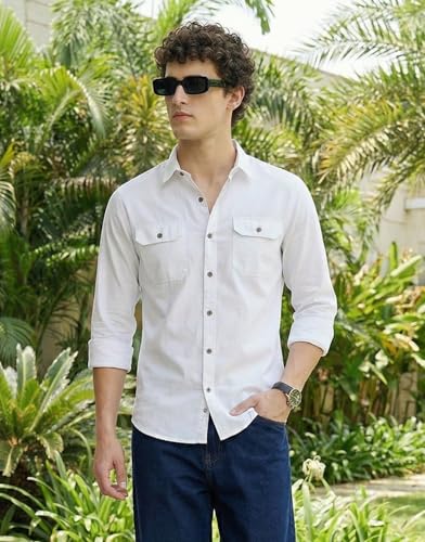 Image of IndoPrimo Men's Cotton Shirt with Stylish Flap Pockets Full Sleeves Spread Collared Neck Solid Pattern Western Style Classic Fit and Standard Length