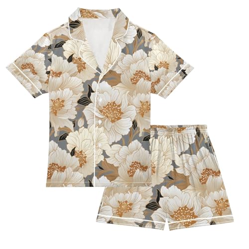 senya Flower Beige Satin Summer Pajama Sets Silk Short Sleeve Button Down Sleepwear