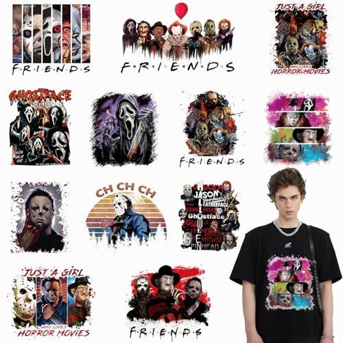 SUMELAY 12 Sheets Halloween Iron on Patches DTF Transfers Ready to Press Halloween Iron on Decals Horror Movie Characters Sticker for T-Shirt Clothes Bag Pillow Covers DIY Decorations