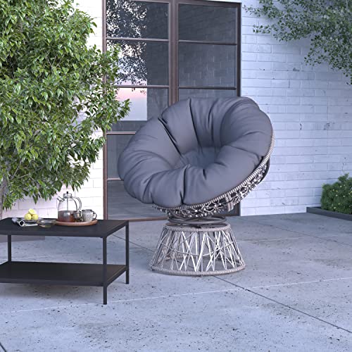 Merrick Lane Papasan Style Woven Wicker Swivel Patio Chair In Silver With Removable All-Weather Dark Gray Cushion #TOP11