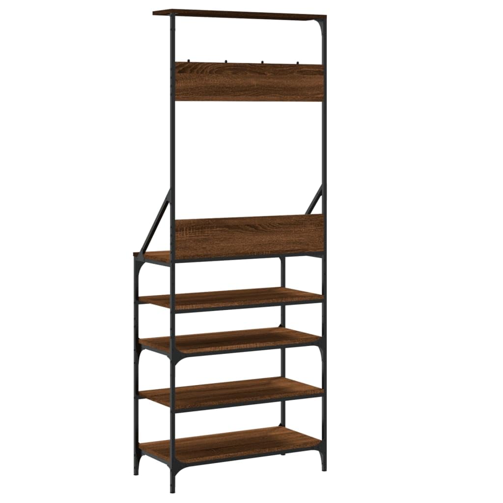 Kleiderständer mit Schuhablage Braun Eiche-Optik Holzwerkstoff Metall 70x34x184 cm freistehend stabil platzsparend für Schlafzimmer Flur Wohnzimmer mit Rollen und Haken