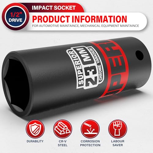 Image of 1 /2 inch Drive Impact Socket, 23 mm Deep Socket, Metric, 6 Point, CR-V, for Automotive Maintaince, Mechanical Equipment Maintaince