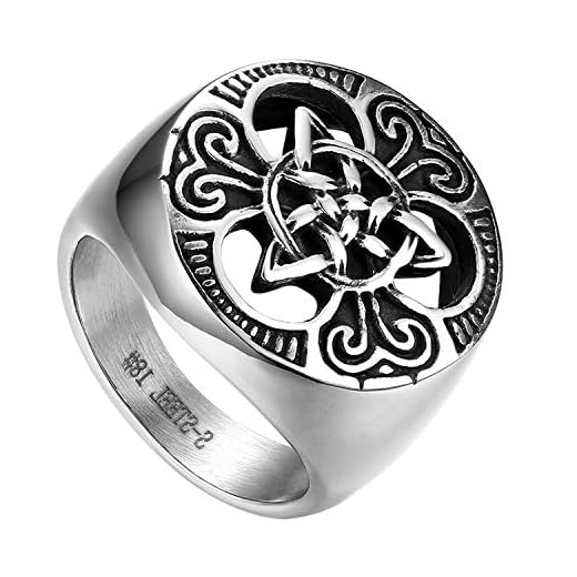 Flongo Anillo de Compromiso para Hombre, Anillo de Sello Grande Celta celtico Anillo de Nudo irlandés, Amuleto Anillo de Acero Inoxidable, Talla 20