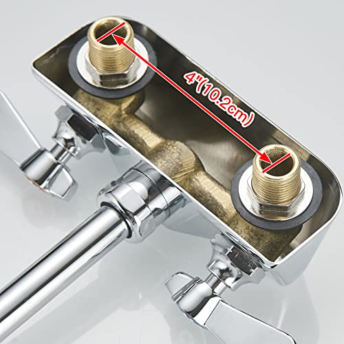 Bathfinesse Kitchen Sink Faucet Wall Mount 4" Center Commercial Kitchen Sink Faucet With 3-1/2" Gooseneck Spout Two Lever Handles Brass Constructed Mixer Tap Chrome Polished #TOP4