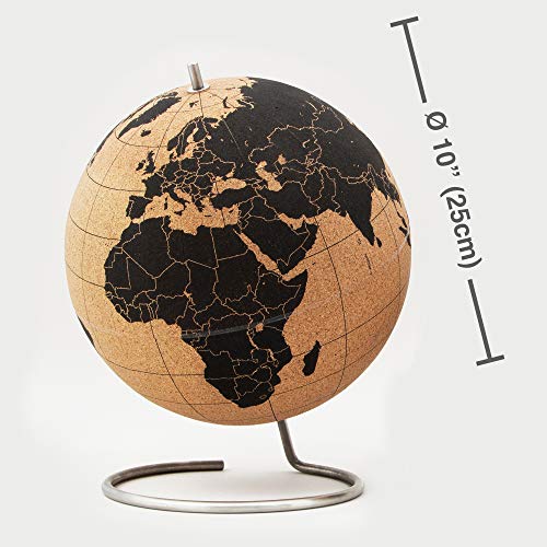 Suck UK Cork Globe | World Map Globe | Interactive Map | Push Pins Included | Desk Accessories | Office Decor | Educational Geography Gifts | Stainless Steel Stand | Desktop Display | Large - 30cm