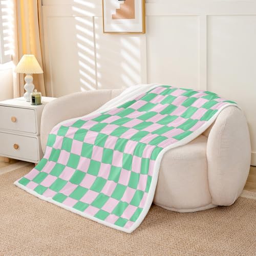 Image of Erosebridal Initial Letter A Fleece Blanket Twin 60 inchx80 inch Pink and White Checkered Sherpa Blanket Cute Monogram Plaid Fuzzy Plush Throw for Kids Girls Women,Kawaii Gingham Grids Decor for Bed Couch