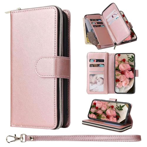 Image of ZCDAYE Wallet Phone Case for iPhone 16 Plus, Premium Leather Case with Card Slots Magnetic Closure Zipper Pocket, Retro Elegant Women Ladies Flip Phone Cover Holster for iPhone 16 Plus,Rose Gold