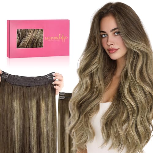 Image of WENNALIFE Wire Hair Extensions Real Human Hair 20 inch 140g Balayage Chocolate Brown to Caramel Blonde Remy Real Hair Extensions Invisible Wire Human Fish Line