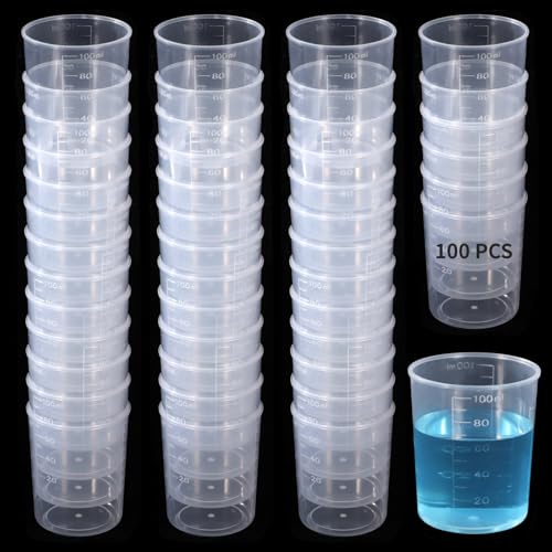 100 Plastic Measuring Beakers, 100Ml Clear Graduated Liquid Cups for Epoxy Resin, Paint & Lab, Raised Graduations for Easy Measurement