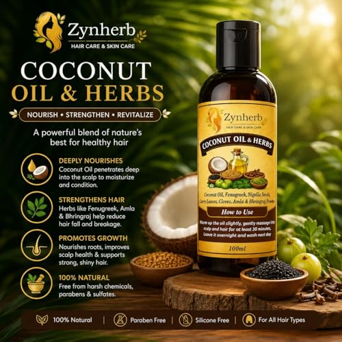 Image of Zynherb Coconut Oil & Herbs Hair Oil with Fenugreek, Nigella Seeds, Amla & Bhringraj, Paraben Free, for All Hair Types, 100ml