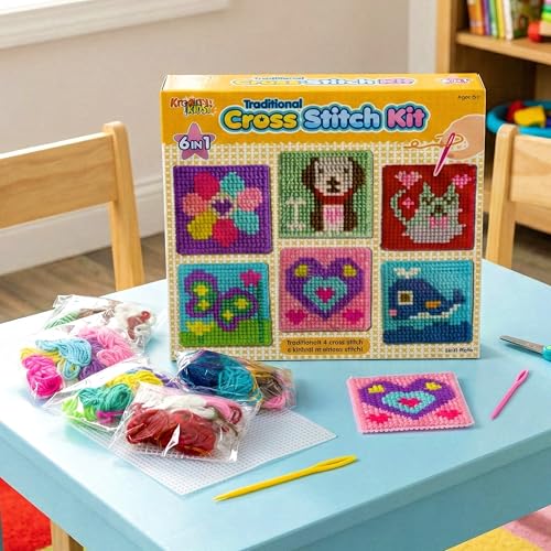 The Magic Toy Shop Kids Cross Stitch Kit - 6 in 1 Beginners Embroidery Sewing Set with 36 Threads, Plastic Needles & Boards - Kids Arts and Crafts Sets for Girls & Boys Age 6+
