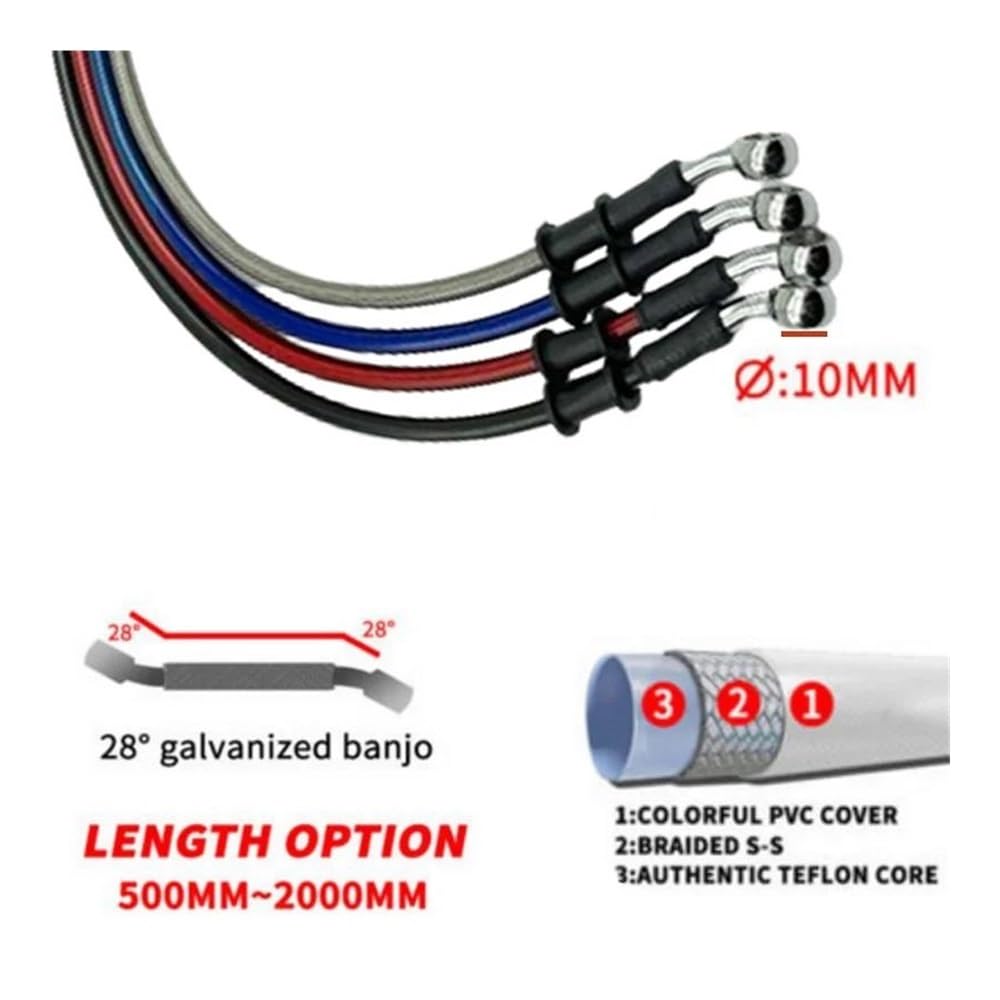 Moto Tuyau d'Huile Frein Câble Tuyau Frein en Acier Tuyau Banjo Hydraulique 300-2200mm 10mm 28 Degrés pour Moto Dirt Bike Ligne Tressée Adapté À La Course Universelle Bleu(Blue 140cm)