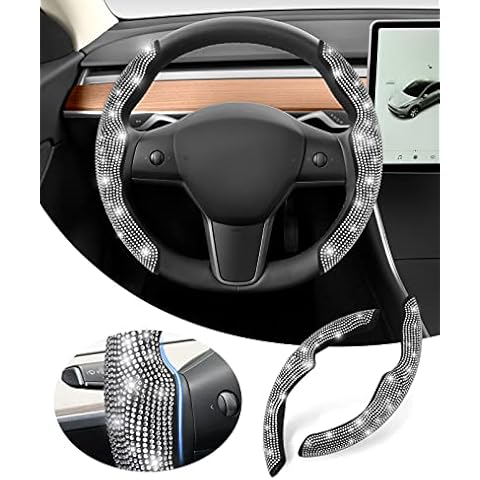 Sunsdrew Diamond Bling Steering Wheel Cover for Tesla Model Y 2020-2023/Model 3 2017-2023,2PCS Car Steering Wheel Cover with White Diamond Rhinestones Sparkling Non-Slip Tesla Model 3/Y Accessories Cover