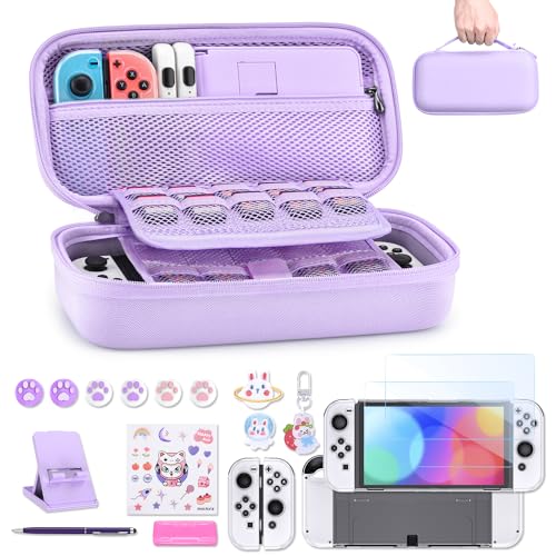 Image of innoAura Switch OLED Case 19-in-1 Bundle for NS Switch OLED (2021), with Carrying Case, Screen Protector, Stand and Thumb Grips, Purple