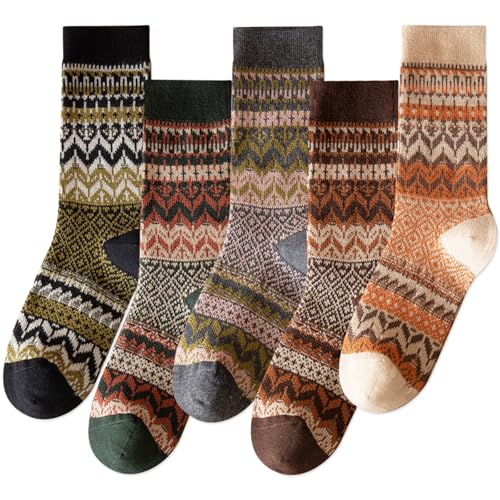 Image of IIG 3-5 Pairs Womens Vintage Cozy Crew Socks Soft Cute Neutral Cotton Socks Exquisite Patterns Socks Gift