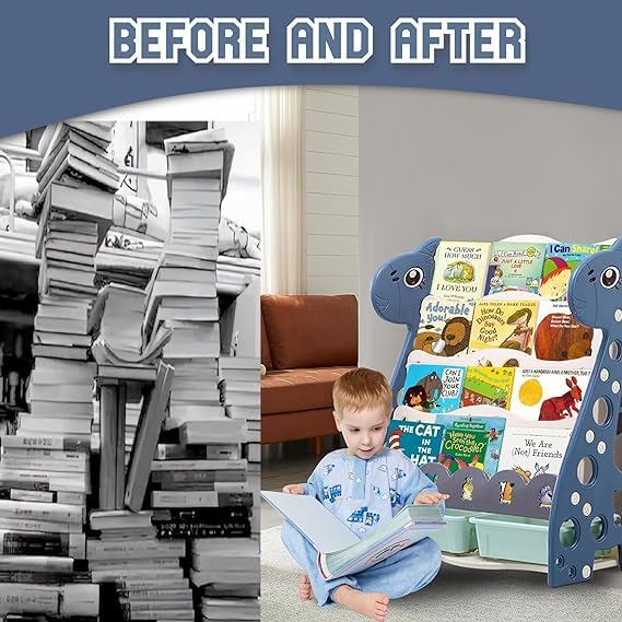 CAREOPETA Book Shelf for Kids Room Plastic Kids Book Shelf Rack for Home Small Bookshelf for Babies Babies Toy Storage Organiser Montessori with Bin Toddler Books Rack (Blue, 4 Shelf) - Image 5 thumbnail