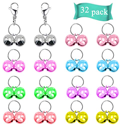 IVIA PET Cat Collar Bells, 32 Pack Dog Collar Charm Bells with 16 Pcs Rings, 2 Pack Stainless Steel Dog Tag Clips for Pet Training Pendant Necklace Collar Accessories