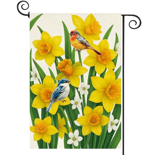Baccessor Spring Summer Daffodils Garden Flag 12.5 x 18 Inch Double Sided Burlap Bluebirds Yellow Flower Green Leaf Farmhouse Small Yard Flag Summer Holiday Seasonal Outdoor Outside Decoration