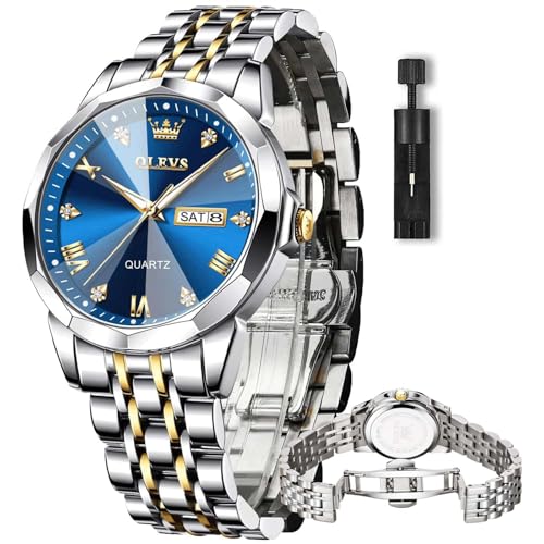 OLEVS Watch Men Blue Face Gold and Silver Stainless Steel Dress Luxury Watches for Men Two Tone Wrist Waterproof Fancy Quartz Analog Diamond Mens Watches Relojes para Hombres