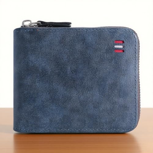 Zipper Bifold Wallet for Men or Women,Organized Storage & Secure Design,Short Style,Blue