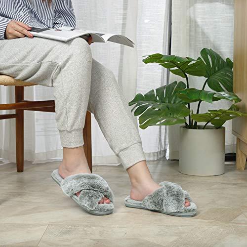 Womens Cross Band Slippers Cozy Furry Fuzzy House Slippers Open Toe Fluffy Indoor Shoes Outdoor Slip On Warm Breathable Anti-Skid Sole Tip Grey 7-8 M #TOP7