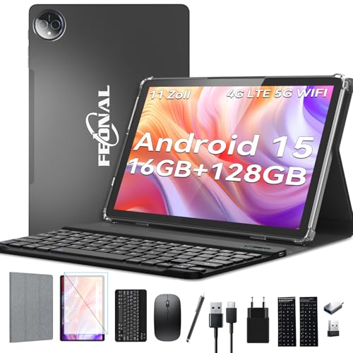 2025 Neueste Tablet 11 Zoll Android 15 Tablets,Tablet mit Tastatur Maus,5G Wifi Tablett PC Mit 16GB+128GB(1TBTF),4G LTE Tablets Mit 2 SIM 1 SD slot-Octa-core,1080FHD,13+8MP,7000mAh,Type-C/GPS/OTG-Grau