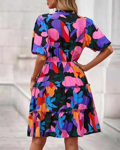 Image of BTFBM Women Summer Floral Short Dresses V Neck Short Sleeve Tiered Ruffle Boho Swing Dress A-Line Mini Dresses