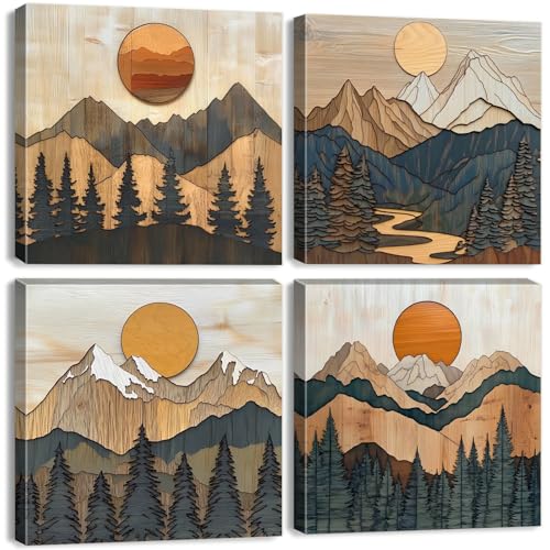 Boho Mountain Wall Art Mid Century Modern Decor Sunset Forest