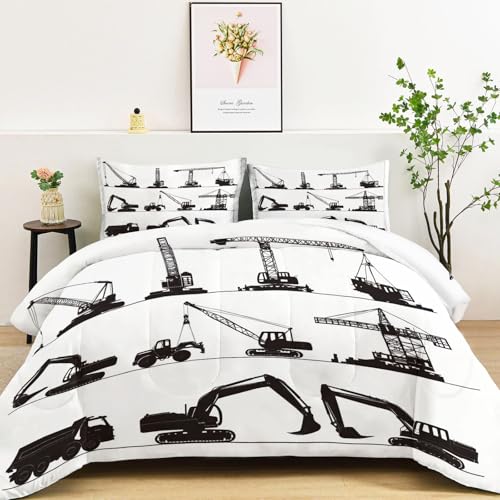Edredón estampado reversible excavadora de grúa en estilo industrial mullido y suave para adultos niños, 200 x 200 cm, edredón de invierno, otoño, primavera, verano, hipoalergénico, negro