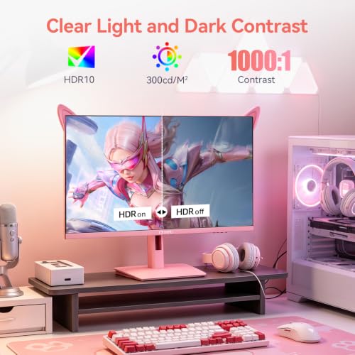 Image of CUNPU 24 inch Wave Pink Kawaii Gaming Monitor, FHD 1920x1080 180Hz 1ms GTG Fast IPS, 100% sRGB, Adaptive Sync, Built-in Speakers, USB Type-C 15W HDMI /DP, Tilt Adjustable Stand, For PC Gaming & Home Office