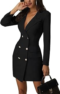 Women Blazer Set Solid Color Long Sleeve Notch Lapel Double Breasted Button Blazer Dress with Pockets - Buy now
