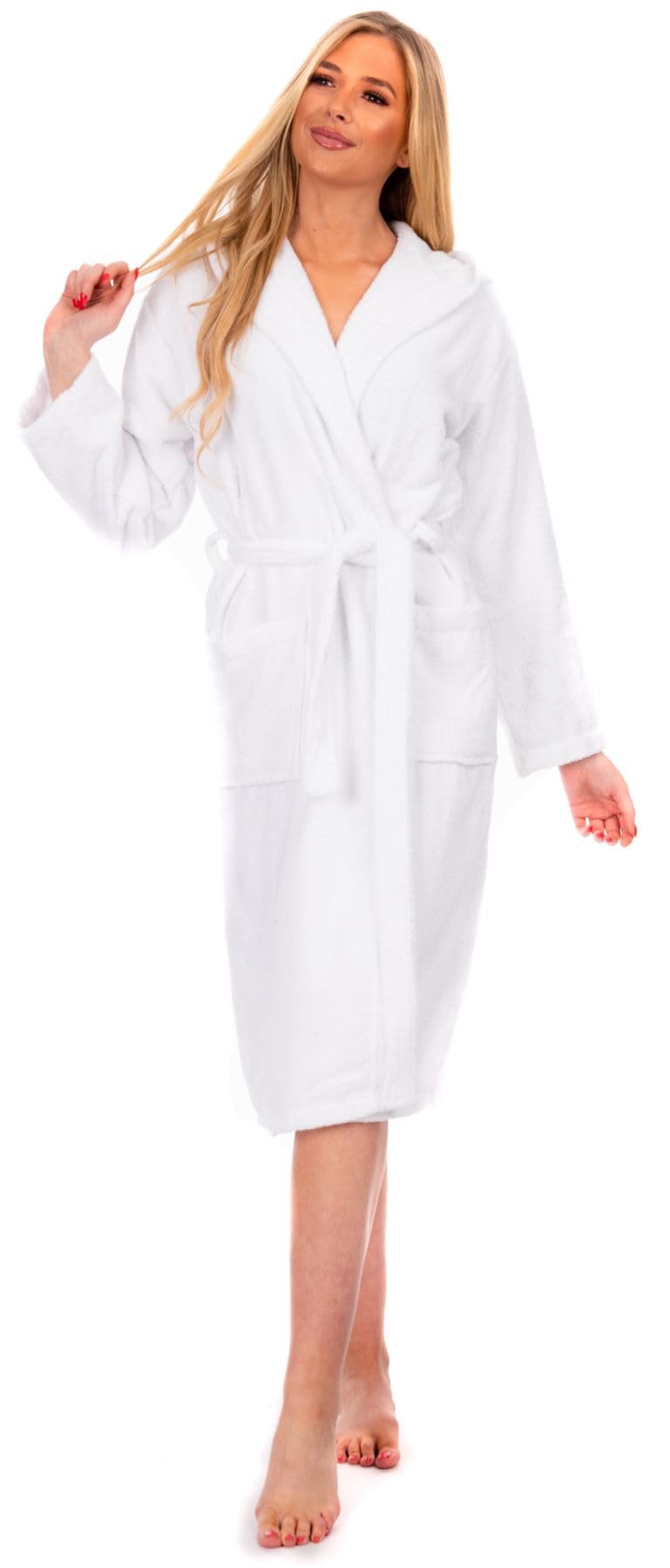 Adore Home Women's White 100% Cotton Hooded Bathrobe Terry Towelling Shawl Collar Bath Robe Dressing Gown