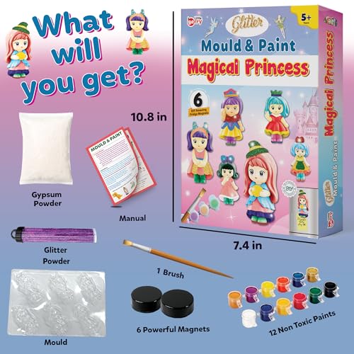 Image of Little Berry DIY Art and Craft Items | Mould & Paint Princess Craft Set | Make 6 Glitter Fridge Magnets | Fun Art & Craft Kit for Girls & Boys 3-10 Years | DIY Crafting Toys & Gifts for Children
