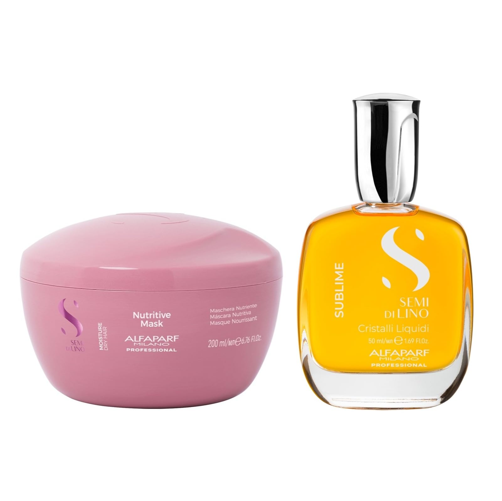 Alfaparf Milano Semi di Lino Moisture Hair Mask for Dry Hair and 50ml Cristalli Liquidi Hair Oil Serum Set- Moisturizing and Hydrating Deep Conditioning Mask - Smoothing and Shine Enhancing Oil