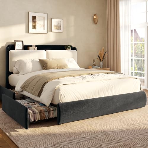 Image of Garvee Chenille Fabric Full Size Bed Frame with 2 Storage Drawers - Black