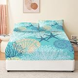 Sábana bajera ajustable para cama de matrimonio, diseño de estrellas de mar de coral de dibujos animados, microfibra suave, antiarrugas, color azul, 25 cm de profundidad, con bordes elásticos y 2