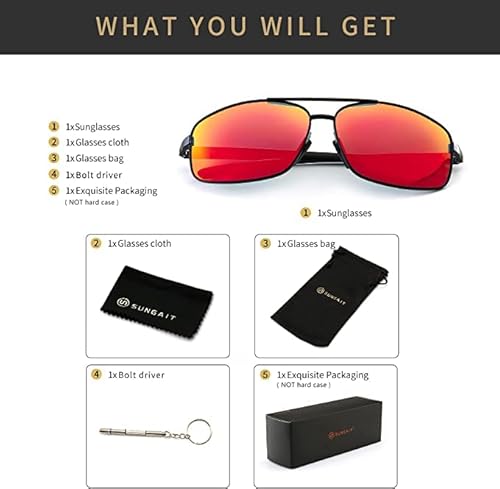 Sungait Ultra Lightweight Rectangular Polarized Sunglasses Uv400 Protection (Black Frame Red Mirror Lens, 62) Metal Frame 2458 Hekho #TOP5