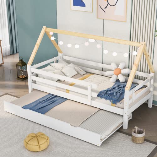 Merax Lit cabane pour enfant avec lit gigogne, lit coulissant avec roulettes, en bois massif, blanc et naturel, 90 x 200 cm et 90 x 190 cm