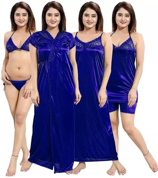 Image of Airgear Women Nighty 6 PCS Purple Satin with Bra Panty